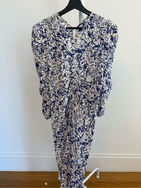 Isabel Marant Blue and White Abstract Tie-Front Midi Dress